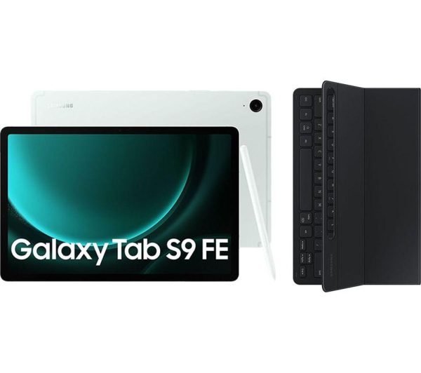 SAMSUNG Galaxy Tab S9 FE 10.9" Tablet (256 GB, Mint) & Galaxy Tab S9 & S9 FE Slim Book Cover Keyboard Case Bundle